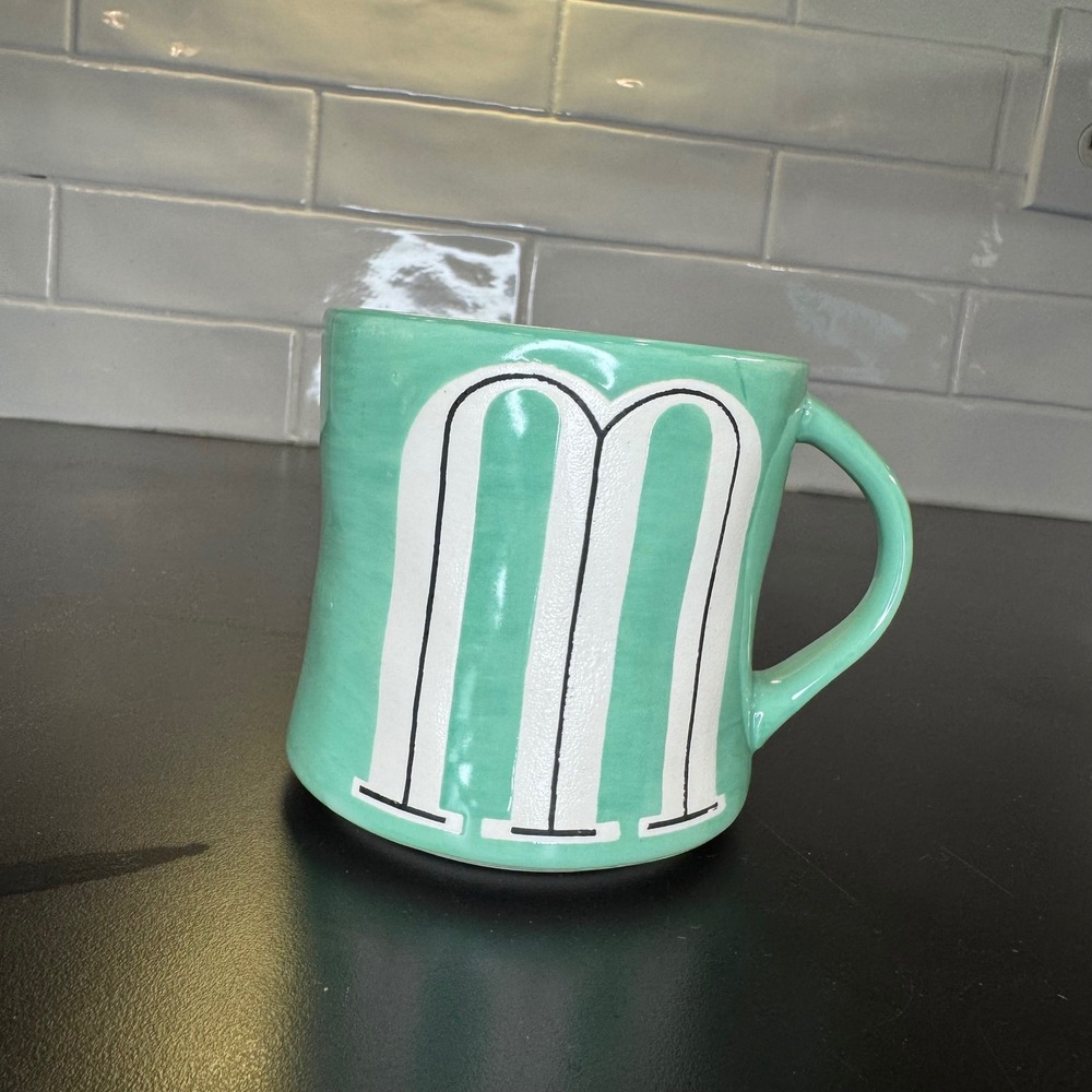 Anthropologie Mug Women 14oz Mint Green Hand Painted Initial M Monogram Ceramic